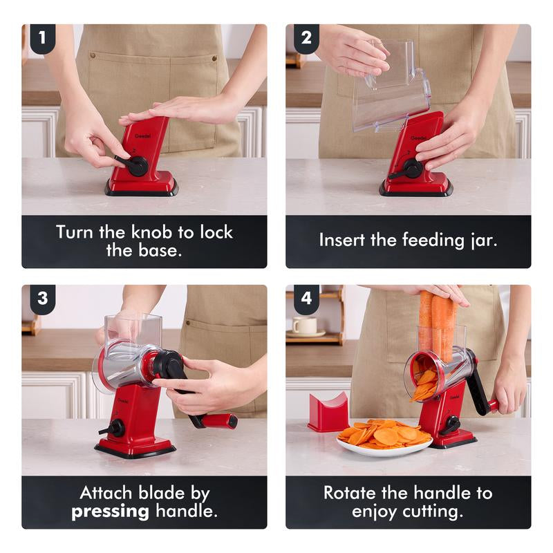 Geedel Rotary Cheese Grater 4-In-1 Shredder With Handle For Effortless Cheese Preparation & Detachable Stainless Steel Blades 