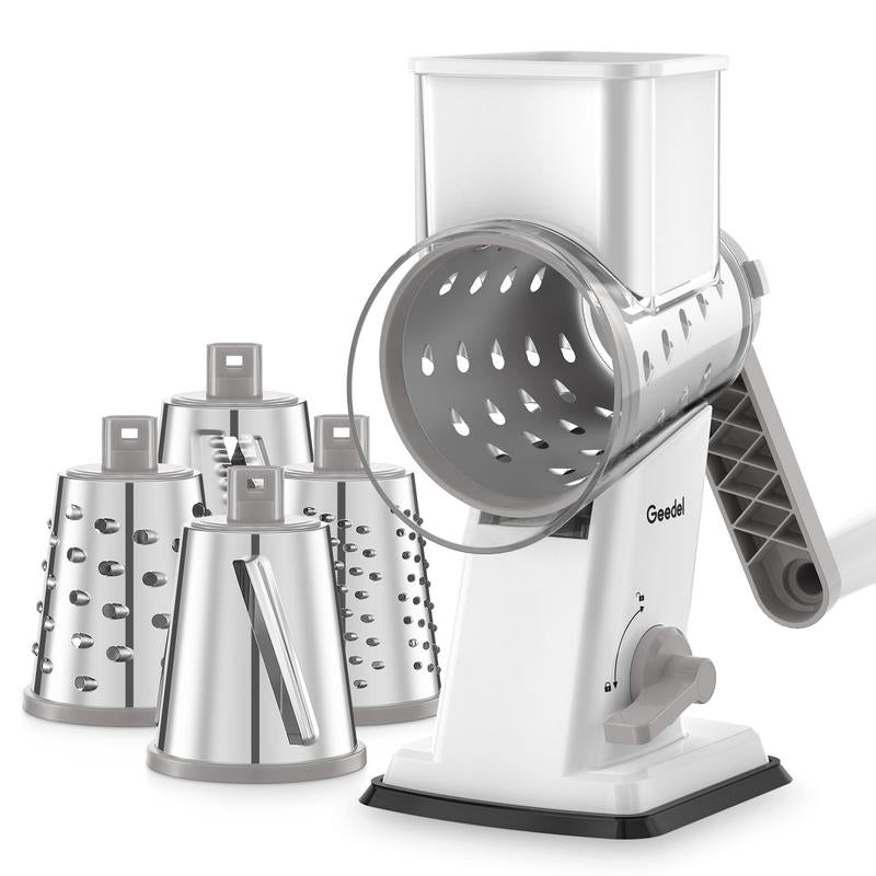 Geedel Rotary Cheese Grater 4-In-1 Shredder With Handle For Effortless Cheese Preparation & Detachable Stainless Steel Blades 