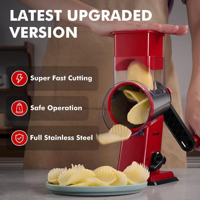 Geedel Rotary Cheese Grater 4-In-1 Shredder With Handle For Effortless Cheese Preparation & Detachable Stainless Steel Blades 