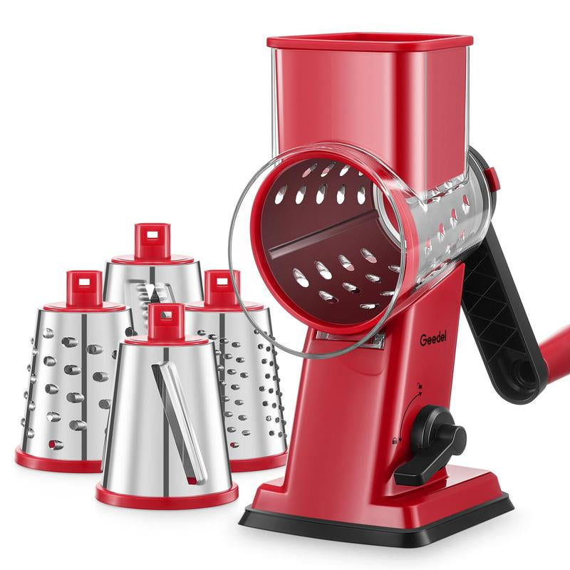 Geedel Rotary Cheese Grater 4-In-1 Shredder With Handle For Effortless Cheese Preparation & Detachable Stainless Steel Blades 